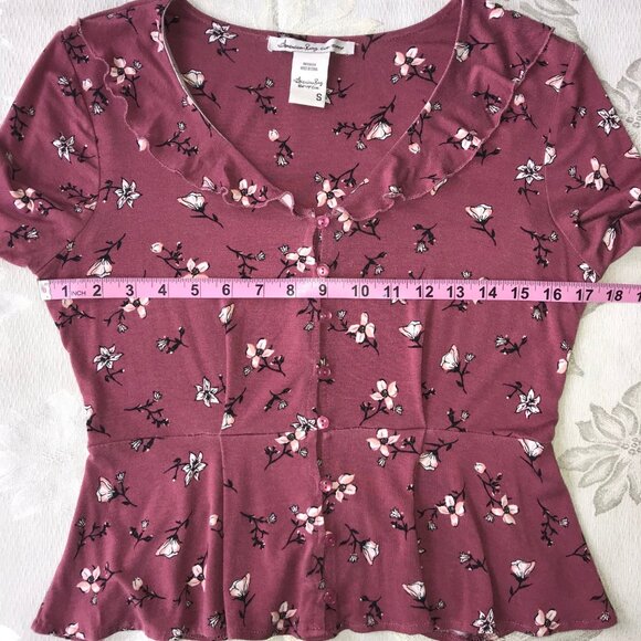 American Rag Floral Peplum Button Down Blouse Bell Sleeve Ruffle Top S - Picture 11 of 14